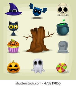 vector halloween stuff element item with tree hat bat cat pumpkin candy and ghost