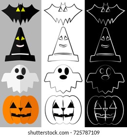 vector of halloween symbol as bat, witch hat, cloth ghost and pumpkin set 