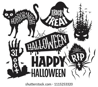 Vector halloween symbols collection with classic all saints eve greetings and words. Set of festive scary 31 of october stickers with customa hand drawn lettering.