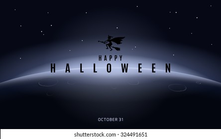 Plantilla Vector Halloween con bruja voladora en escoba en el paisaje nocturno, La Tierra y estrellas en el fondo para banner, afiche o invitación. Espacio vacío para elementos de diseño o texto. Estilo moderno