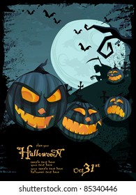 Vector Halloween template with night landscape, evil pumpkins, spooky naked tree, graveyard  with glowing moon and clouds in the back. Space for your text