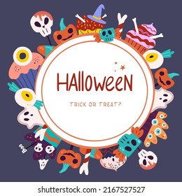 Vector halloween template with the text trick or treat. Background with scary sweets and candies. halloween text on a white background with different elements of sweets.