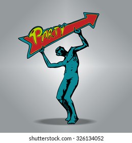 Vector Halloween template with Zombie holding an arrow-shaped sign, which pointed in direction of the Party. Happy Halloween Party Design. Empty space leaves room for design elements or text. Postcard