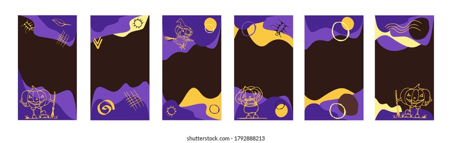 Vector Halloween templates for social media stories banners. Set of 6 editable backgrounds with cartoon style pumpkins, leaves, spiders, and geometrical objects. Purple, yellow, and black wallpapers. 