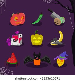 Vector with a Halloween Theme featuring Fruits, lemon, apple banana. kiwi, watermelon, pumpkin, grapes, chili pepper, bell pepper.
