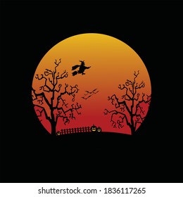 vector. Halloween themed vampire castle and tree silhouette vector logo, and a witch is flying