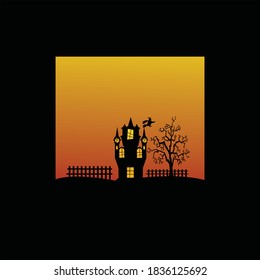 vector. Halloween themed vampire castle and tree silhouette vector logo, and a witch is flying