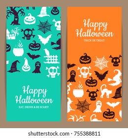 Vector halloween thin card or flyer templates with witches, pumpkins, ghosts, spiders silhouettes with place for text illustration