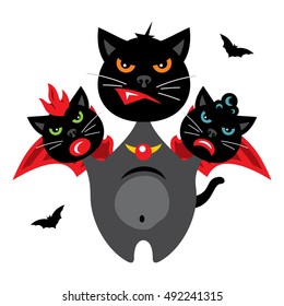 Vector Halloween Three-headed Dragon cat Cartoon Illustration.