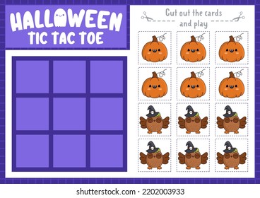 Vector Halloween tic tac toe chart with pumpkin and owl. Samhain party board game playing field with cute kawaii characters. Funny autumn holiday printable worksheet. Noughts and crosses grid 