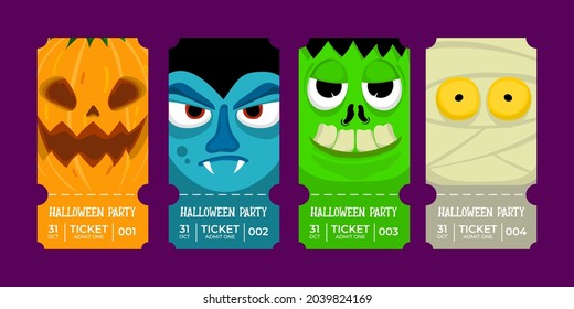 Vector of halloween ticket, party, invitation, spooky card illustration. Skull, green, pumpkin, cute character design. Used for business, branding, template, media, print. Isolated background.