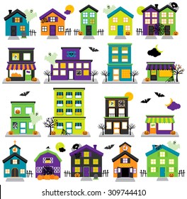 Vector Halloween Town with Haunted Houses, Shops, School, Church and Buildings