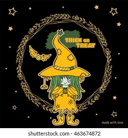 Vector Halloween Trick or Treat greeting card. Illustration of sweet witch, flower frame and golden stars on black background