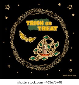 Vector Halloween Trick or Treat greeting card. Illustration of candlestick, bat, flower frame and golden stars on black background