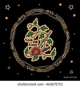 Vector Halloween Trick or Treat greeting card. Illustration of sweet lolly pop, flower frame and golden stars on black background