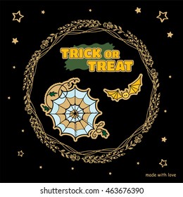 Vector Halloween Trick or Treat greeting card. Illustration of spiderweb, bat, flower frame and golden stars on black background