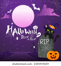 Vector halloween trick or treat road to RIP with black cat