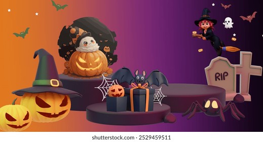 Vector of halloween use for background theme with gradient color orange to purple and halloween character.