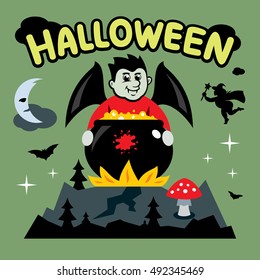 Vector Halloween, Vampire and cauldron Cartoon Illustration.