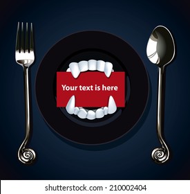 Vector of Halloween Vampire Teeth on black plate with spoon and fork.