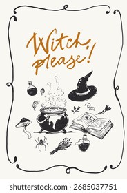 Vetor Halloween quadro vertical com acessórios Bruxa. Modelo de feriado pintado à mão isolado no fundo branco. Ilustração para design, impressão ou fundo. Cartaz de Halloween.