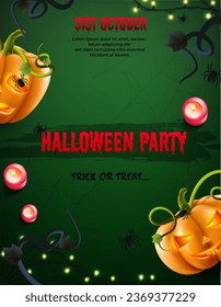 Vector halloween vertical party banner with spooky pumpkins and lights on the table.