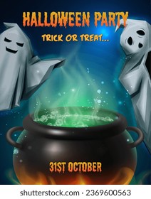 Vector halloween vertical party banner with which coldrone and creepy ghosts. Invitation template.