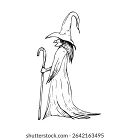 Vetor halloween caminhando bruxa malvada velha com muleta e chapéu. Ilustração de cap de assistente linear pintada à mão. Esboço monocromático gráfico isolado no plano de fundo. Para designers, impressões, logotipo, ícone, menu