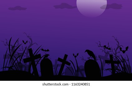 Vector Halloween wallpaper or posters. The atmosphere is dark and quiet in the cemetery feel creepy and frightening.