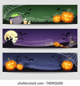 Vector Halloween web banners with jack-o-lanterns, cauldron, candles, castle, moon, witches hat and broom, spider web and bats.