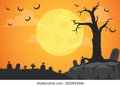 Vector Halloween website banner background. Halloween night with full moon illustration.