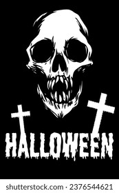 Vector Halloween White Skull on Black Background. Illustration for Postcard