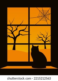 ventana de halloween vectorial con red de gato negro y araña