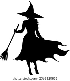 Vector halloween witch with broom silhouettes illustration icon. Vector with with witch hat icon