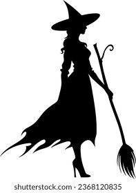 Vector halloween witch with broom silhouettes illustration icon. Vector with with witch hat icon