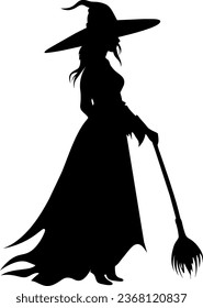 Vector halloween witch with broom silhouettes illustration icon. Vector with with witch hat icon