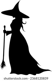 Vector halloween witch with broom silhouettes illustration icon. Vector with with witch hat icon