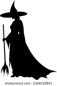 Vector halloween witch with broom silhouettes illustration icon. Vector with with witch hat icon