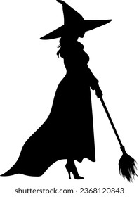 Vector halloween witch with broom silhouettes illustration icon. Vector with with witch hat icon