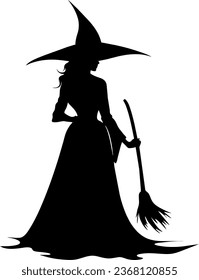 Vector halloween witch with broom silhouettes illustration icon. Vector with with witch hat icon