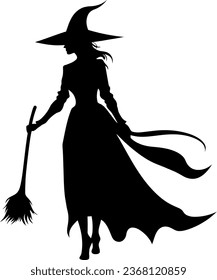 Vector halloween witch with broom silhouettes illustration icon. Vector with with witch hat icon