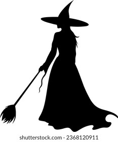 Vector halloween witch with broom silhouettes illustration icon. Vector with with witch hat icon