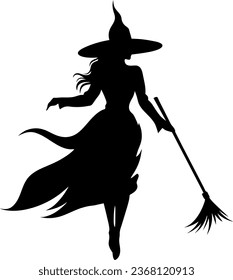 Vector halloween witch with broom silhouettes illustration icon. Vector with with witch hat icon