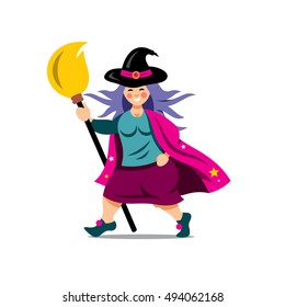 Vector Halloween Witch with broomstick Cartoon Illustration.