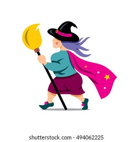 Vector Halloween Witch with broomstick Cartoon Illustration.