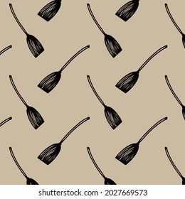 Vector halloween witch broomstick seamless pattern and icon. Funny, cute illustration for seasonal design, textile, decoration kids playroom or greeting card. Hand drawn prints and doodle.