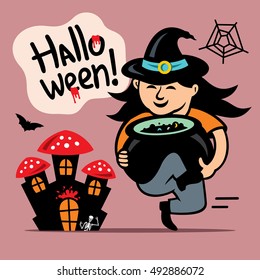 Vector Halloween Witch with cauldron Cartoon Illustration.