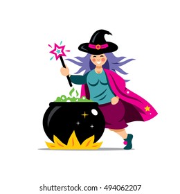 Vector Halloween Witch and cauldron Cartoon Illustration.