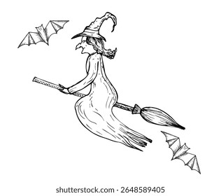 Vector halloween witch flying on a broom witch hat and bat. Hand painted linear wizard cap illustration. Graphic monochrome sketch isolated on background. For designers, prints, logo, icon, menu