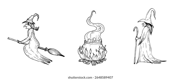 Vector halloween witch flying on a broom witch hat. Hand painted Mystical cauldron glowing with magical fire, linear wizard cap illustration. Graphic monochrome sketch isolated on background. For